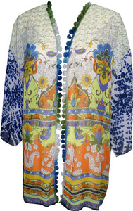 Recycled  Combo Printed Kimono  With PomPoms - Petit Pois by Viviana G