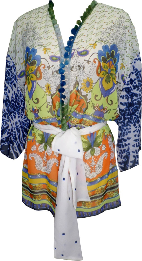 Recycled  Combo Printed Kimono  With PomPoms - Petit Pois by Viviana G
