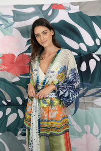 Recycled  Combo Printed Kimono  With PomPoms - Petit Pois by Viviana G