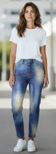 Load image into Gallery viewer, Petit Pois by Viviana G blue stretch denim hipster slim pants with a faded wash and whiskering detail.