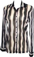 Load image into Gallery viewer, Petit Pois by Viviana G black, white, and pink mirror stripe nylon mesh oversized button-front shirt.