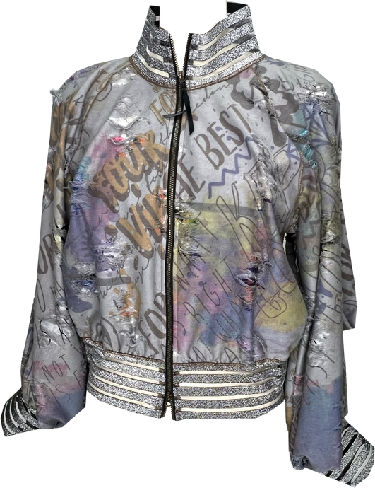 Distress Denim Graffiti Bomber Jacket